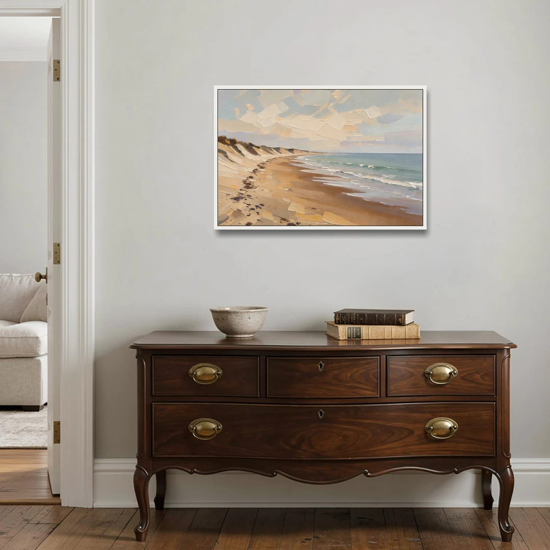 Horizontal Low Tide Beach Below Ivory Sky for the Bedroom - White Framed Canvas Wall Art - Coffee Table - 36x24