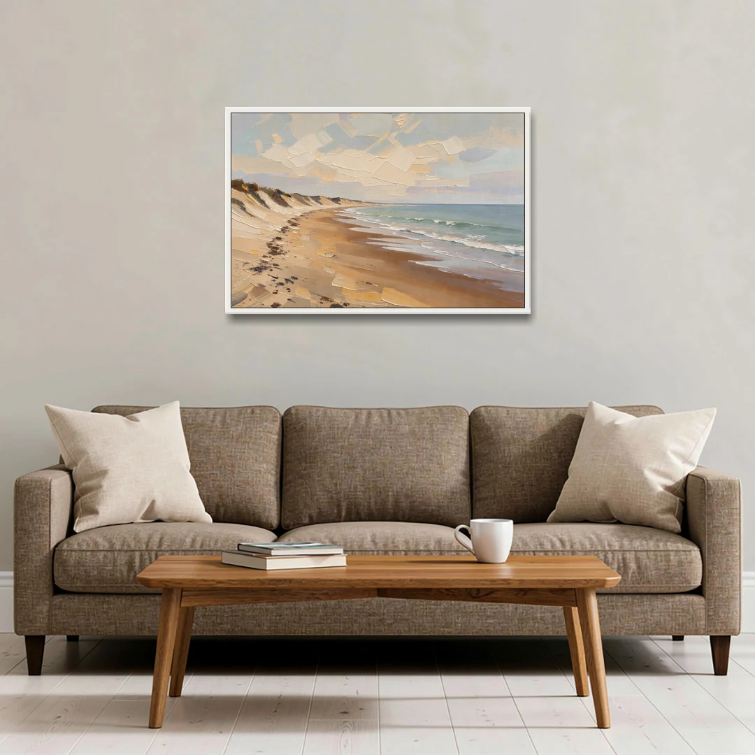 Horizontal Low Tide Beach Below Ivory Sky for the Bedroom - White Framed Canvas Wall Art - Sofa - 36x24