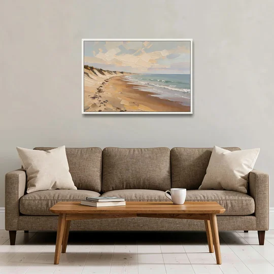 Horizontal Low Tide Beach Below Ivory Sky for the Bedroom - White Framed Canvas Wall Art - Sofa - 36x24