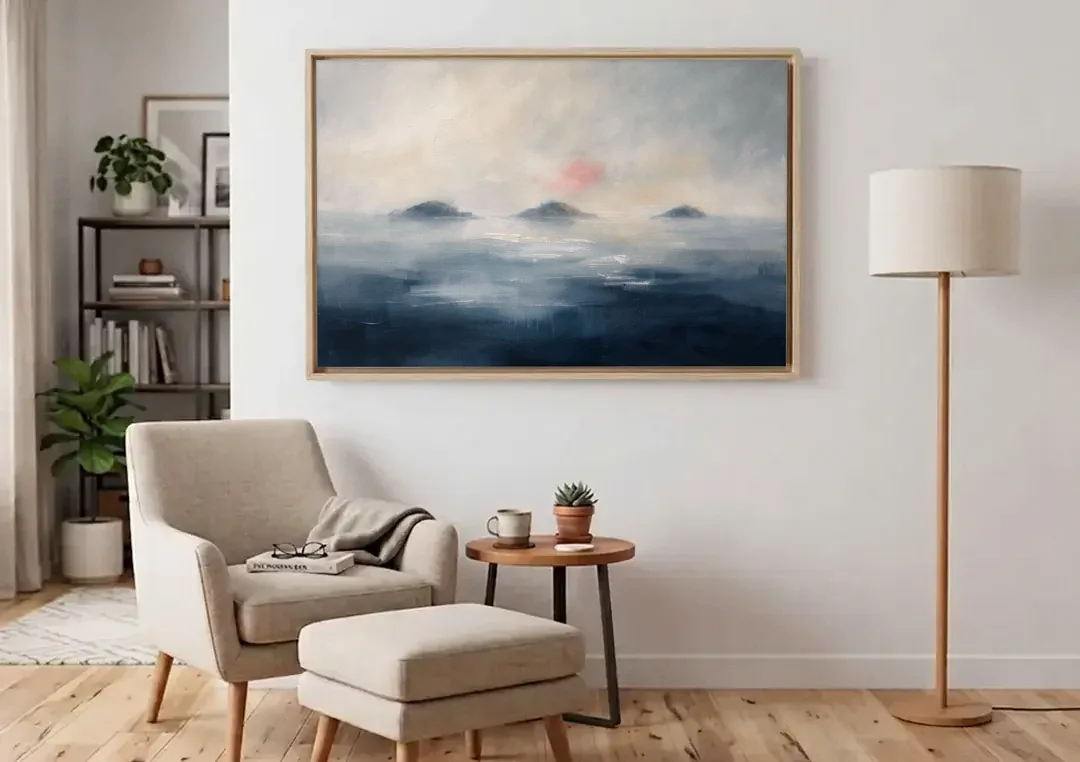 Horizontal Wall Art for Bedroom with Fog Islands canvas wall art above an armchair in a bright living room