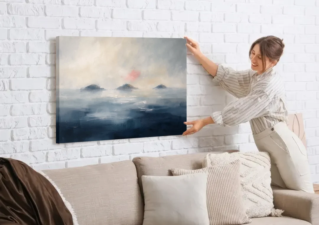 Horizontal Wall Art for Bedroom with Fog Islands canvas wall art being hung on a white brick wall above a sofa