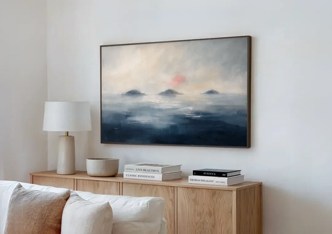 Horizontal Wall Art for Bedroom with Fog Islands canvas wall art above a wooden sideboard next to a sofa