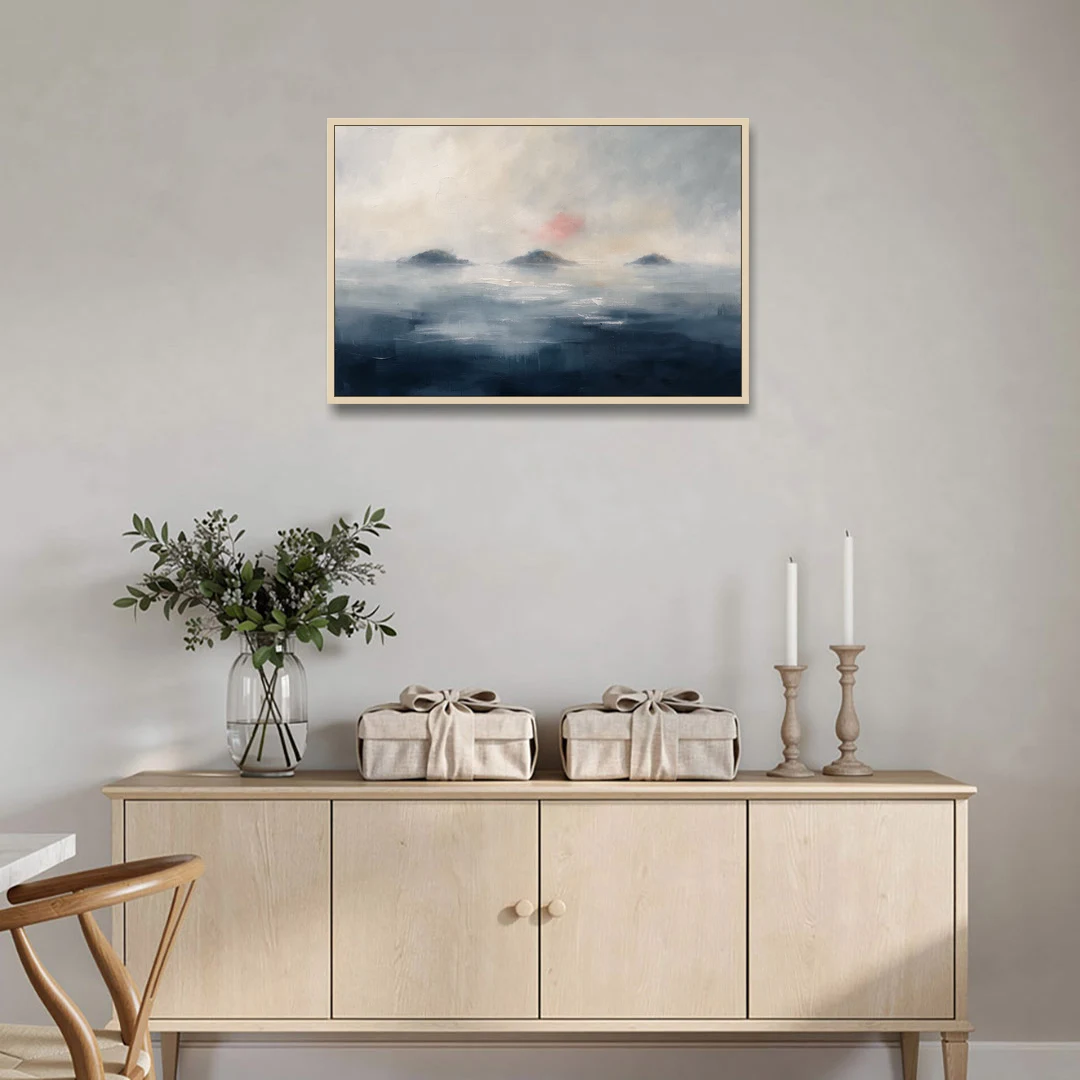 Horizontal Wall Art for Bedroom with Fog Islands - Oak Framed Canvas Wall Art - Coffee Table - 36x24