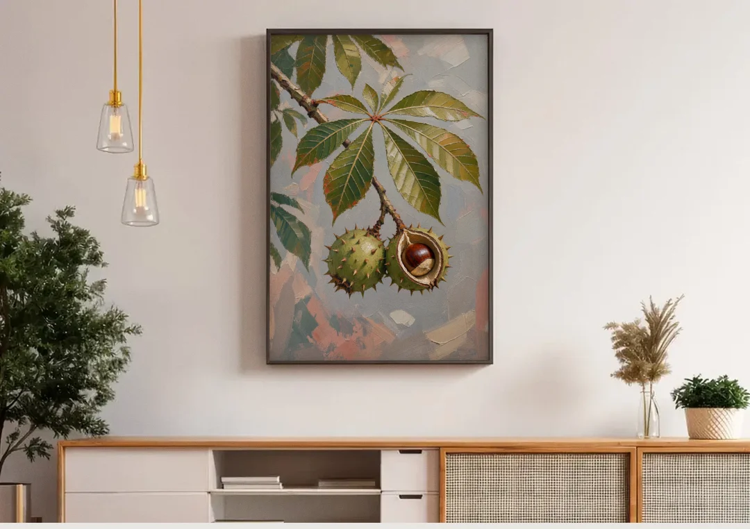 Horse Chestnut Branch With Split Husk canvas wall art above a wooden sideboard under pendant lights