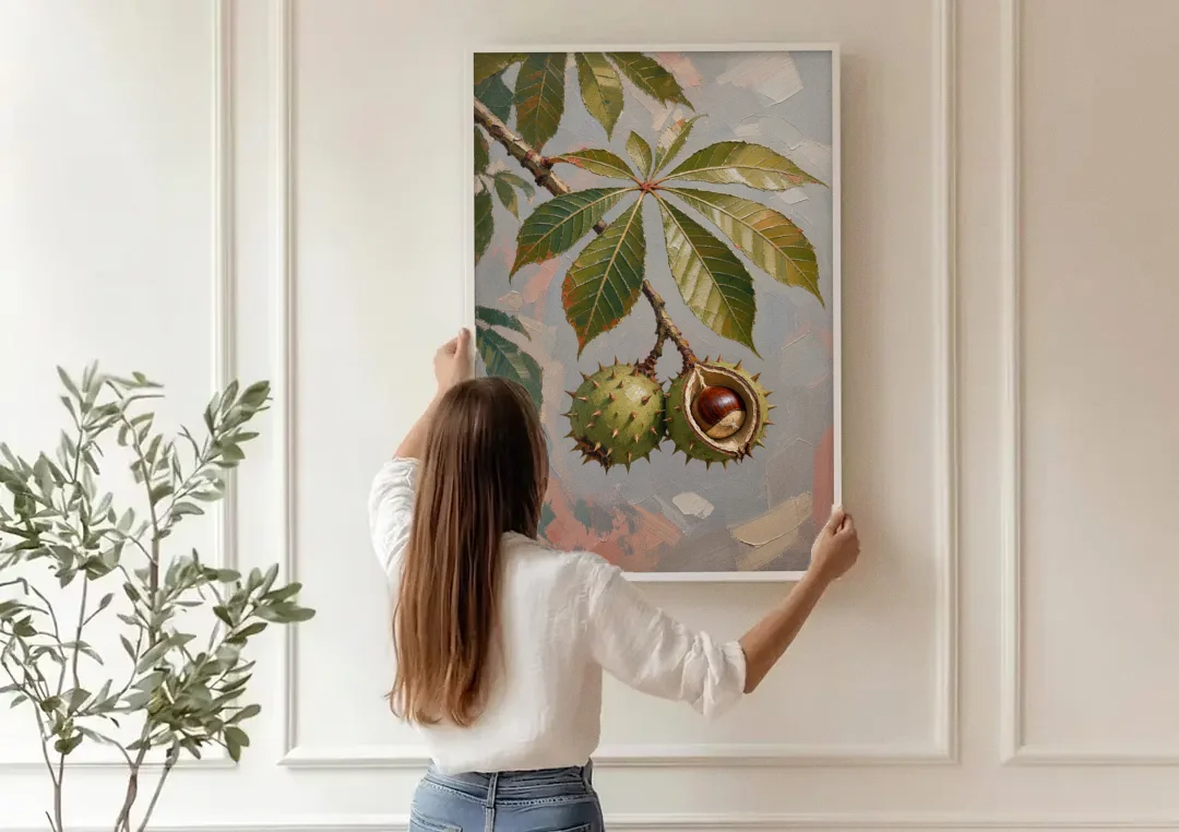 Horse Chestnut Branch With Split Husk canvas wall art being hung on a paneled wall