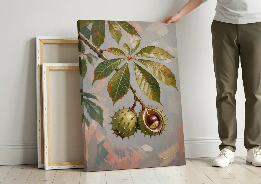 Horse Chestnut Branch With Split Husk canvas wall art leaning against a wall next to blank canvases
