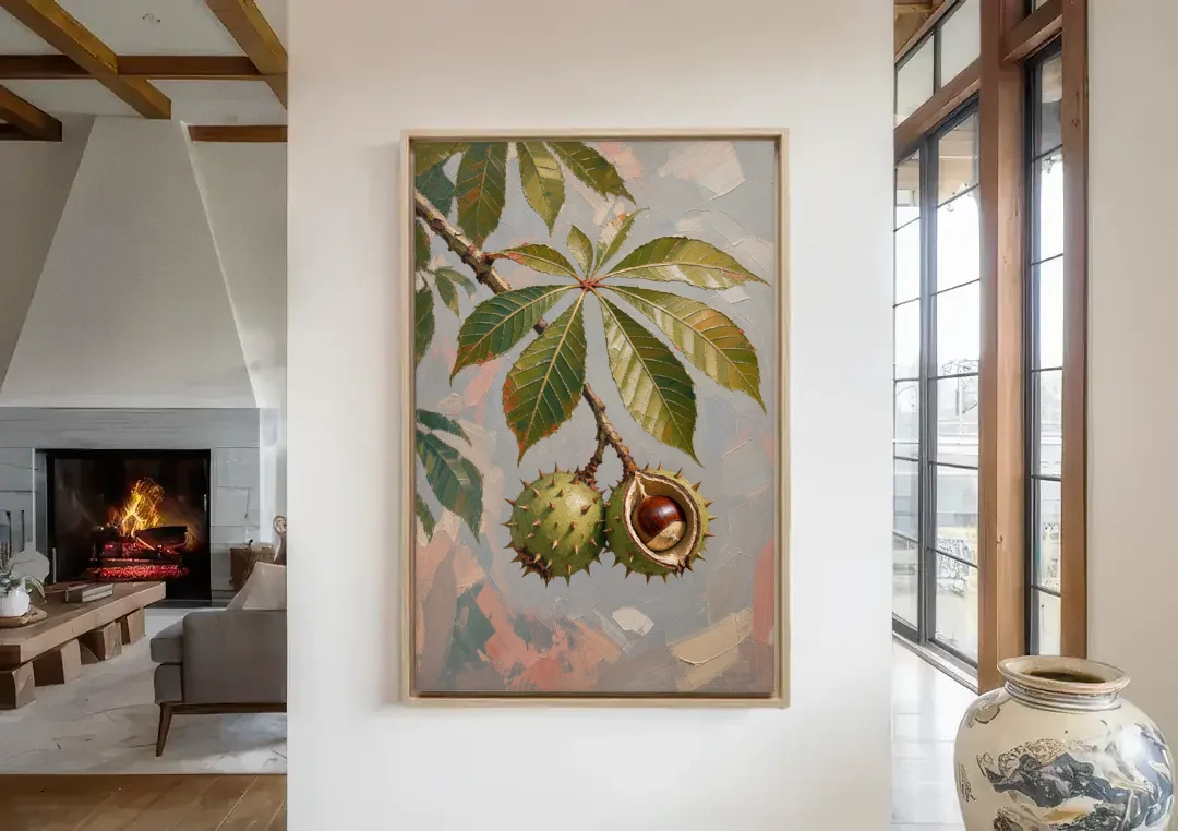 Horse Chestnut Branch With Split Husk canvas wall art in a living room with a fireplace