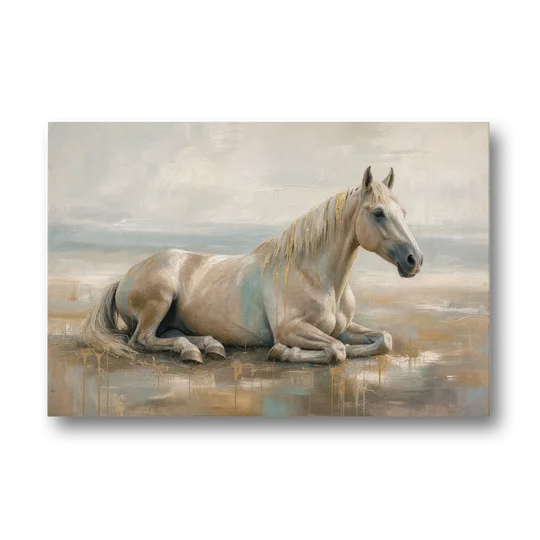 Horse Decor for Living Room White Horse at Rest - Canvas Wall Art - Front