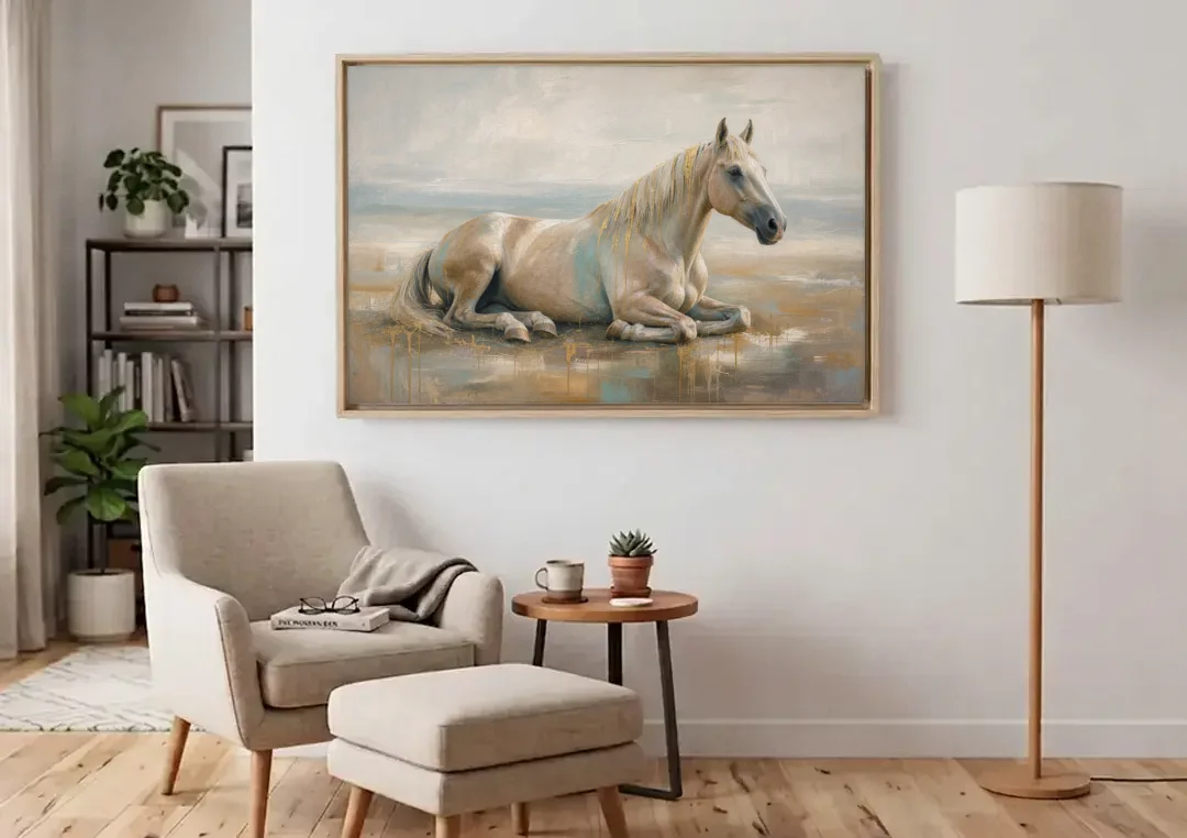 Horse Decor for Living Room White Horse at Rest canvas wall art above an armchair in a bright living room