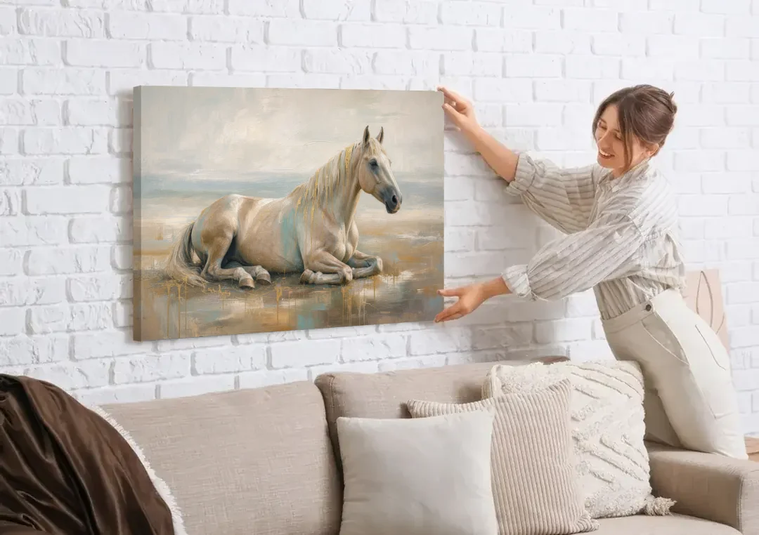Horse Decor for Living Room White Horse at Rest canvas wall art being hung on a white brick wall above a sofa