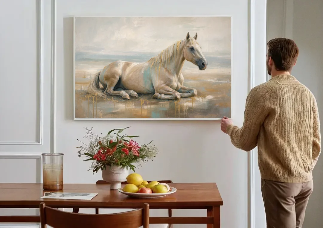 Horse Decor for Living Room White Horse at Rest canvas wall art above a dining table