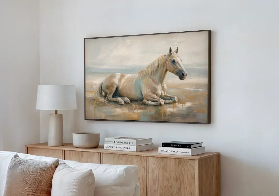 Horse Decor for Living Room White Horse at Rest canvas wall art above a wooden sideboard next to a sofa