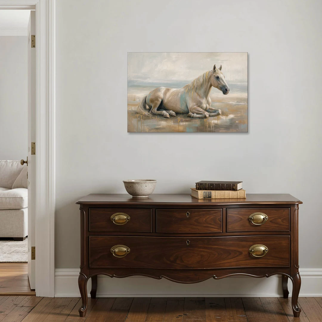 Horse Decor for Living Room White Horse at Rest - Canvas Wall Art - Coffee Table - 36x24