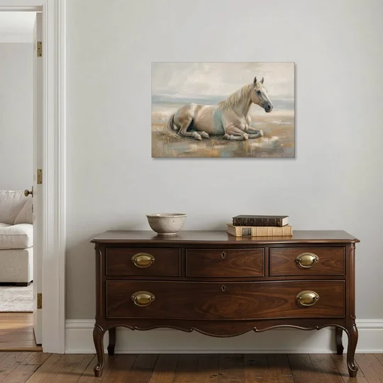 Horse Decor for Living Room White Horse at Rest - Canvas Wall Art - Coffee Table - 36x24
