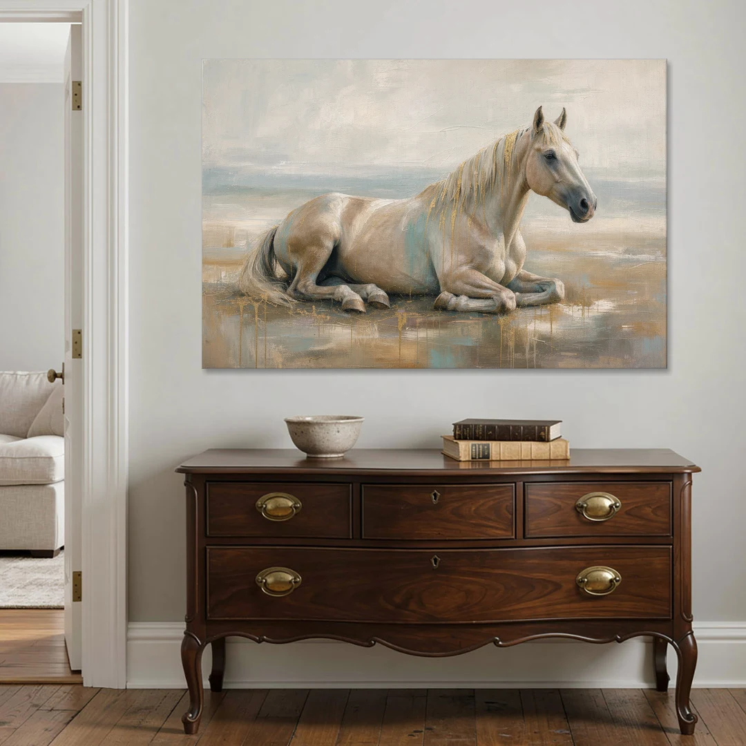 Horse Decor for Living Room White Horse at Rest - Canvas Wall Art - Coffee Table - 60x40