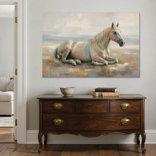 Horse Decor for Living Room White Horse at Rest - Canvas Wall Art - Coffee Table - 60x40