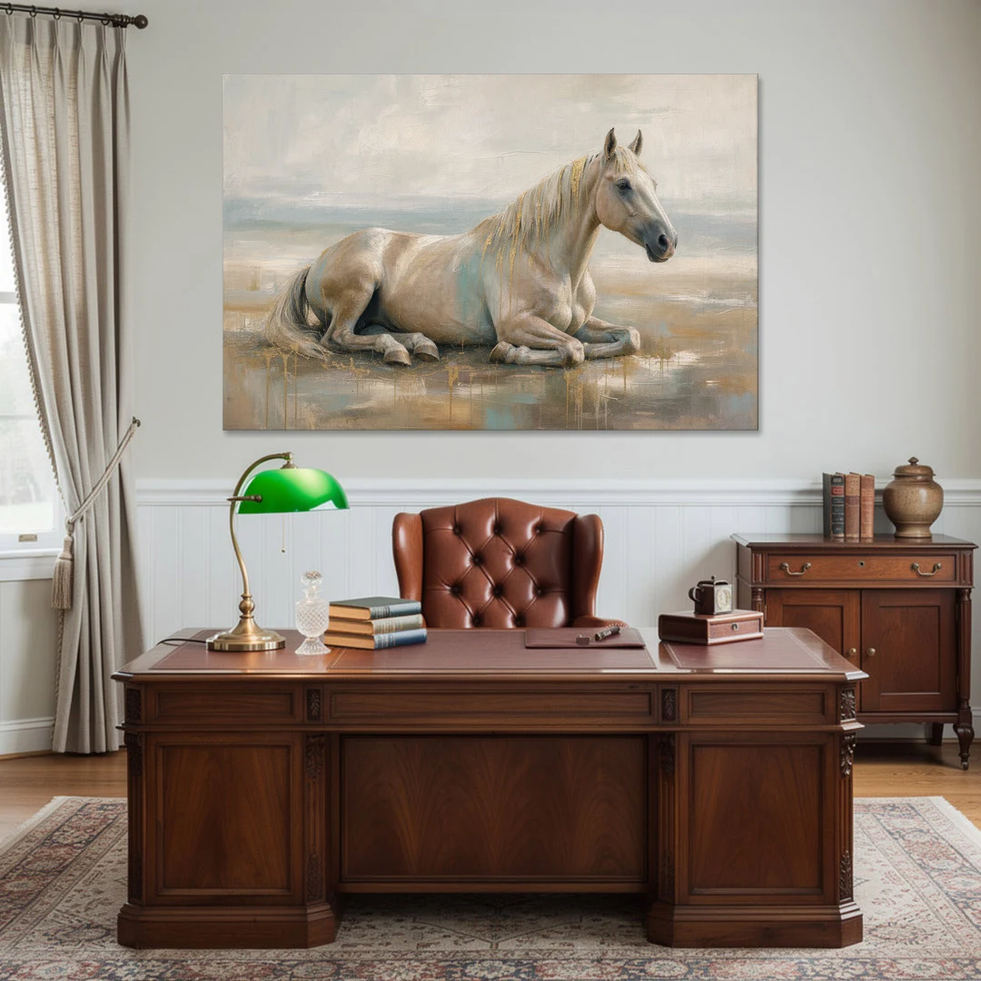 Horse Decor for Living Room White Horse at Rest - Canvas Wall Art - Office - 60x40
