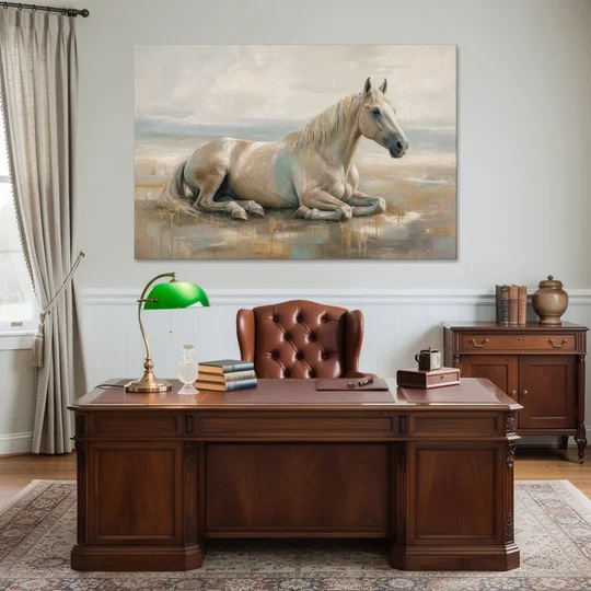 Horse Decor for Living Room White Horse at Rest - Canvas Wall Art - Office - 60x40