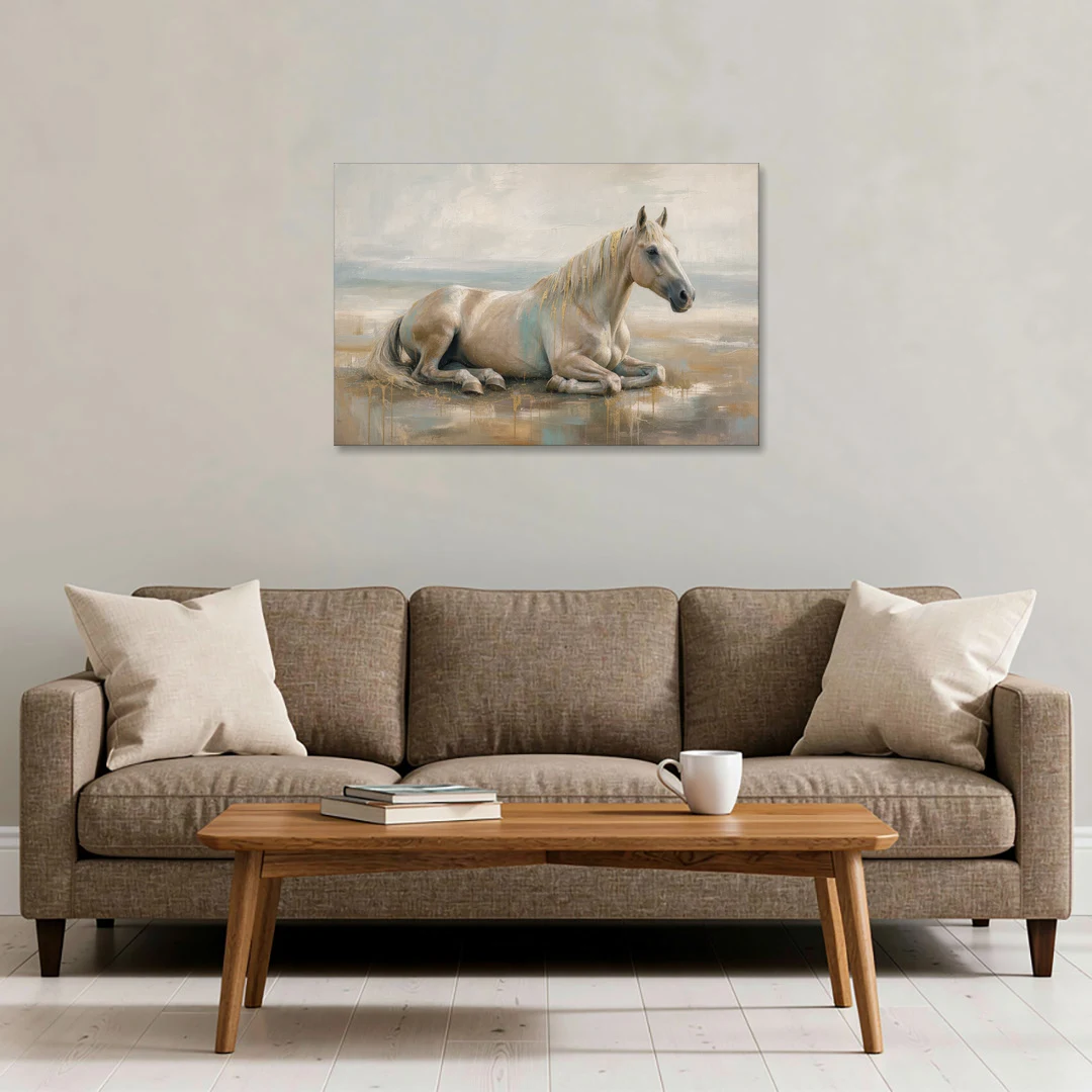 Horse Decor for Living Room White Horse at Rest - Canvas Wall Art - Sofa - 36x24
