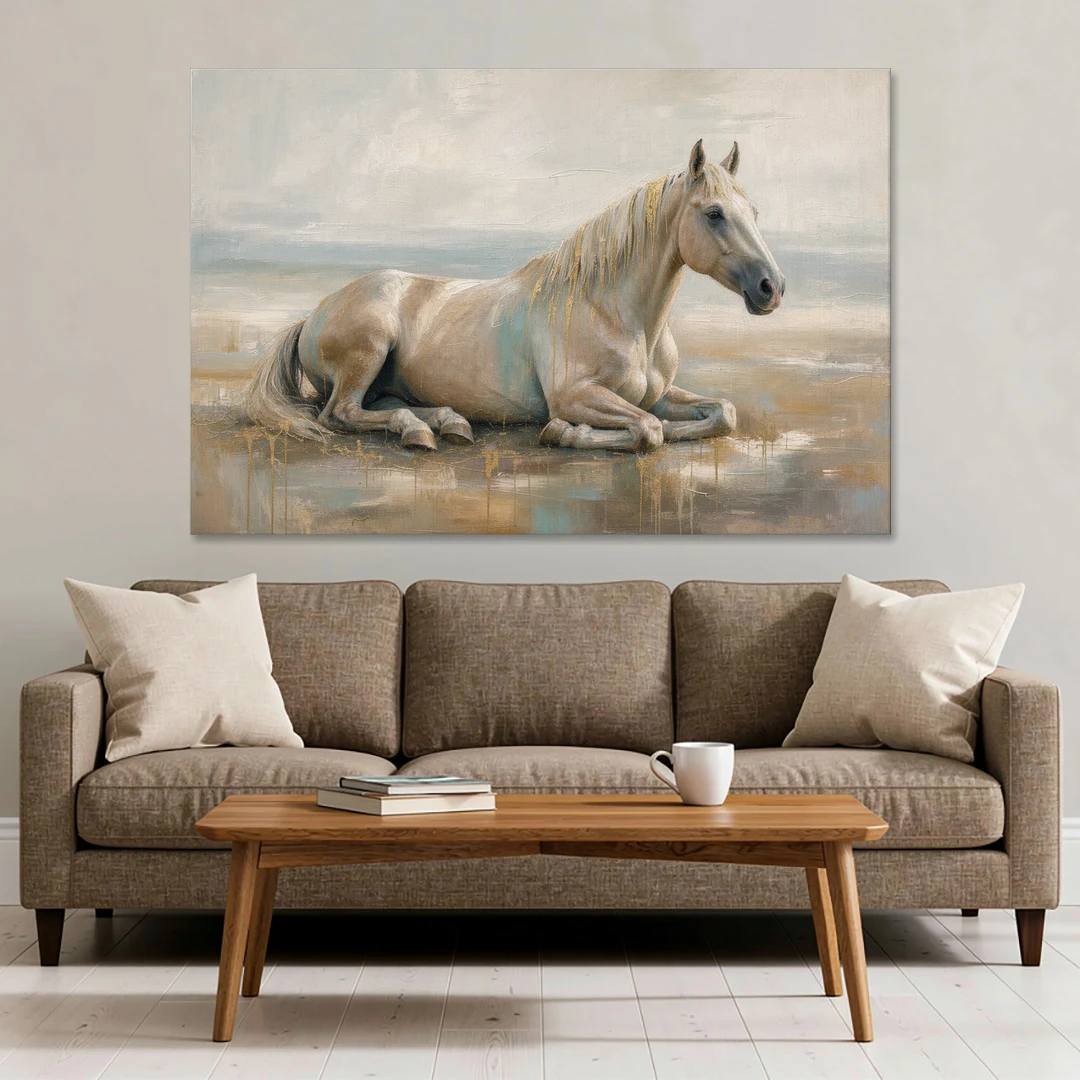 Horse Decor for Living Room White Horse at Rest - Canvas Wall Art - Sofa - 60x40