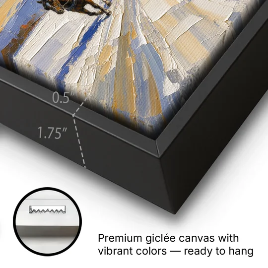 Horse Drawn Sleigh Painting Toward the Village - Black Framed Canvas Wall Art - Gallery Wrap Corner