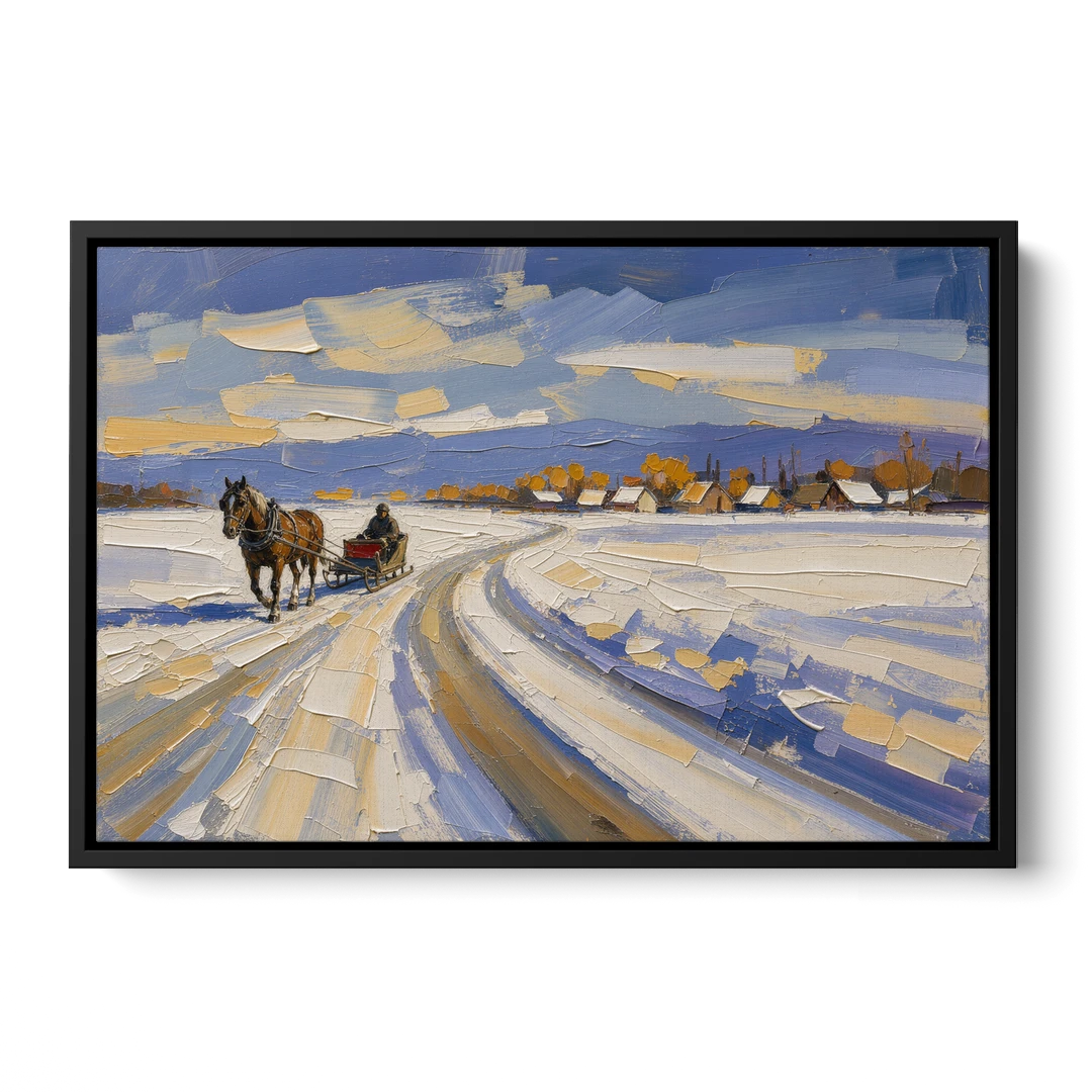Horse Drawn Sleigh Painting Toward the Village - Black Framed Canvas Wall Art - Front