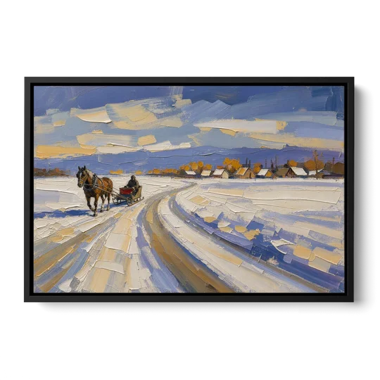 Horse Drawn Sleigh Painting Toward the Village - Black Framed Canvas Wall Art - Front