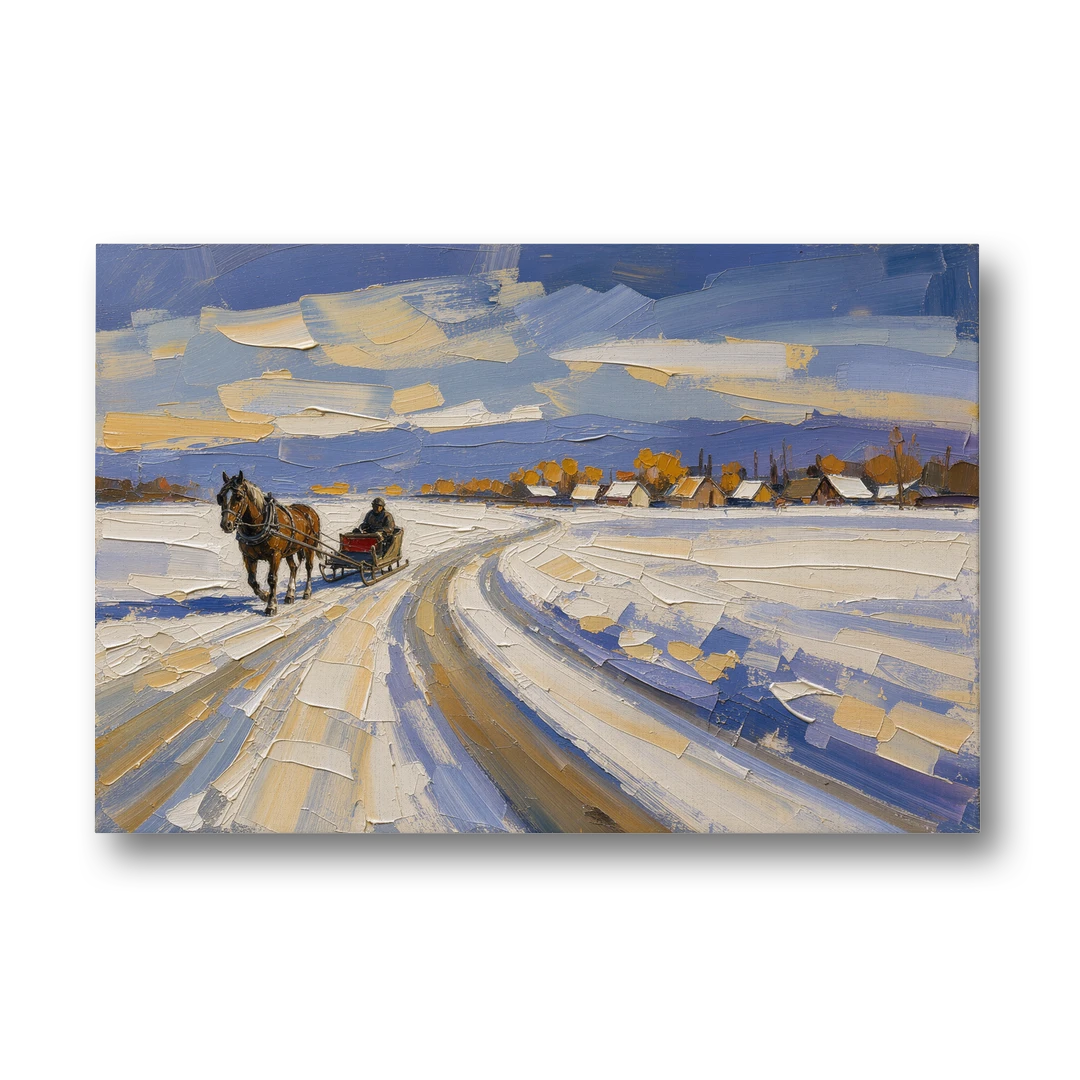 Horse Drawn Sleigh Painting Toward the Village - Canvas Wall Art - Front