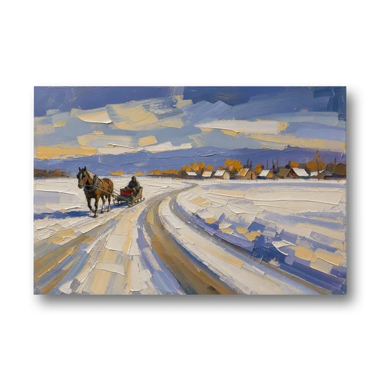 Horse Drawn Sleigh Painting Toward the Village - Canvas Wall Art - Front