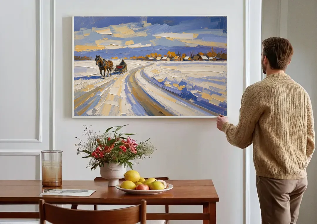 Horse Drawn Sleigh Painting Toward the Village canvas wall art above a dining table