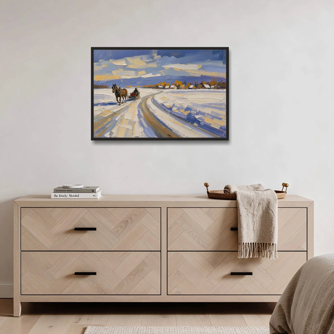 Horse Drawn Sleigh Painting Toward the Village - Black Framed Canvas Wall Art - Coffee Table - 36x24