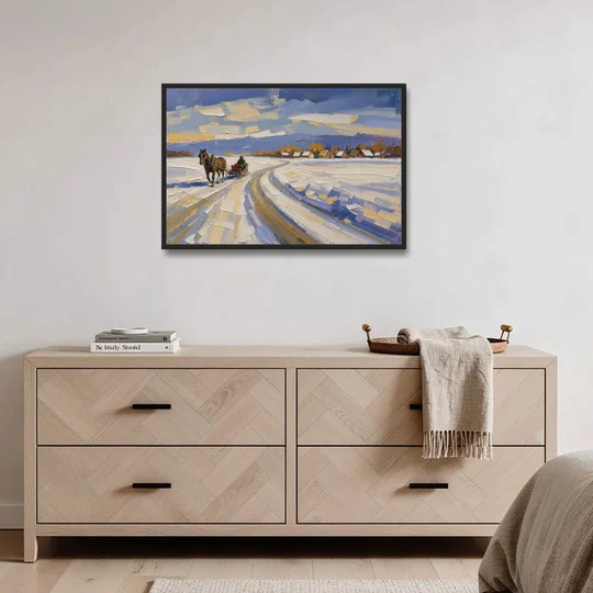 Horse Drawn Sleigh Painting Toward the Village - Black Framed Canvas Wall Art - Coffee Table - 36x24