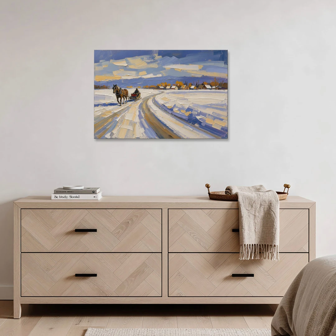 Horse Drawn Sleigh Painting Toward the Village - Canvas Wall Art - Coffee Table - 36x24