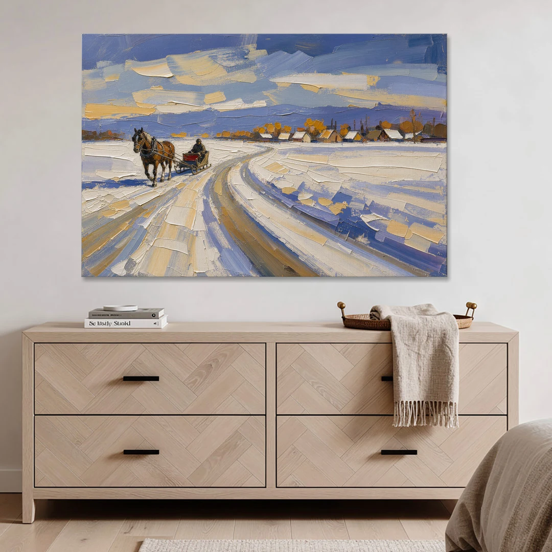Horse Drawn Sleigh Painting Toward the Village - Canvas Wall Art - Coffee Table - 60x40