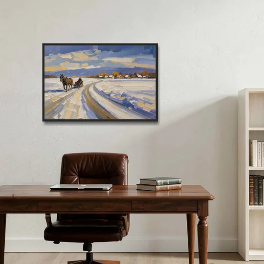 Horse Drawn Sleigh Painting Toward the Village - Black Framed Canvas Wall Art - Office - 36x24
