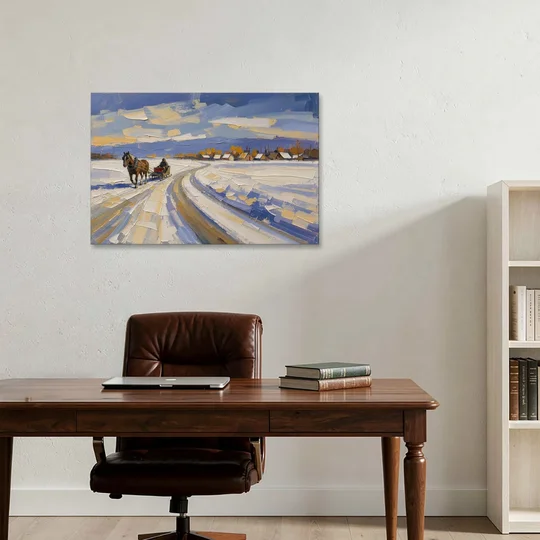 Horse Drawn Sleigh Painting Toward the Village - Canvas Wall Art - Office - 36x24