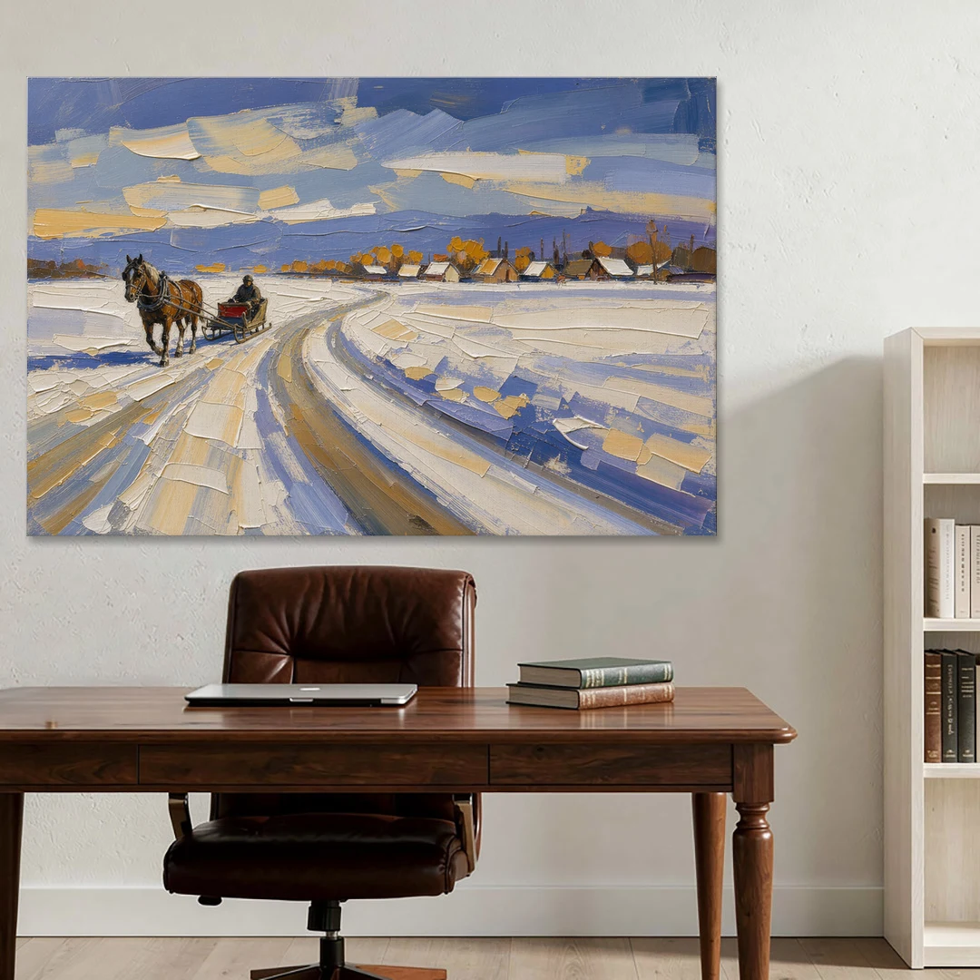 Horse Drawn Sleigh Painting Toward the Village - Canvas Wall Art - Office - 60x40