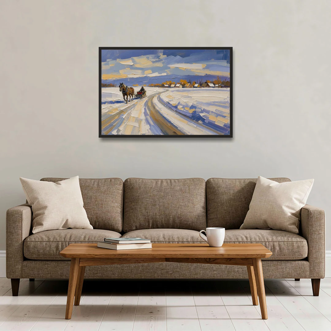 Horse Drawn Sleigh Painting Toward the Village - Black Framed Canvas Wall Art - Sofa - 36x24