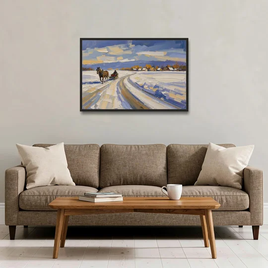 Horse Drawn Sleigh Painting Toward the Village - Black Framed Canvas Wall Art - Sofa - 36x24