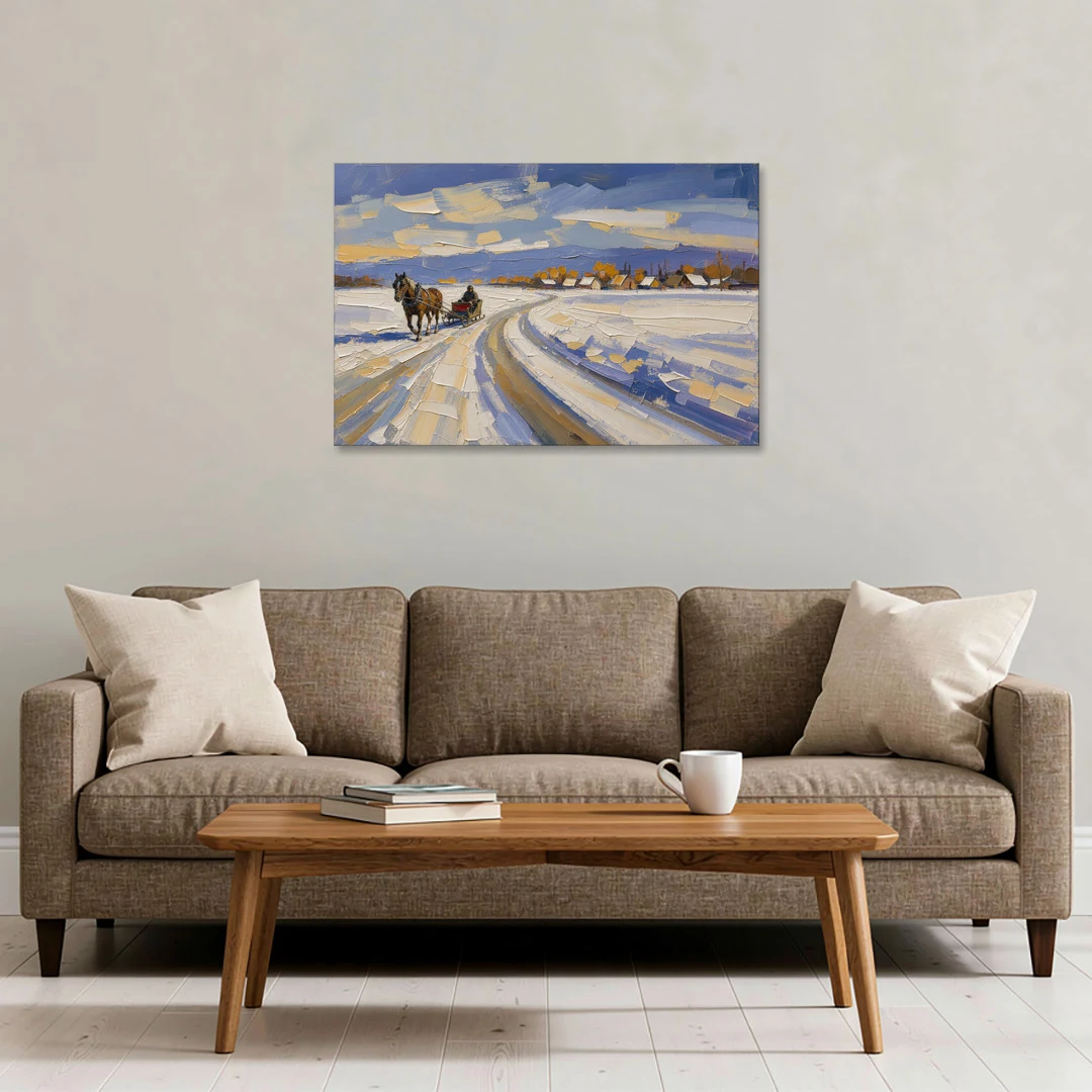 Horse Drawn Sleigh Painting Toward the Village - Canvas Wall Art - Sofa - 36x24