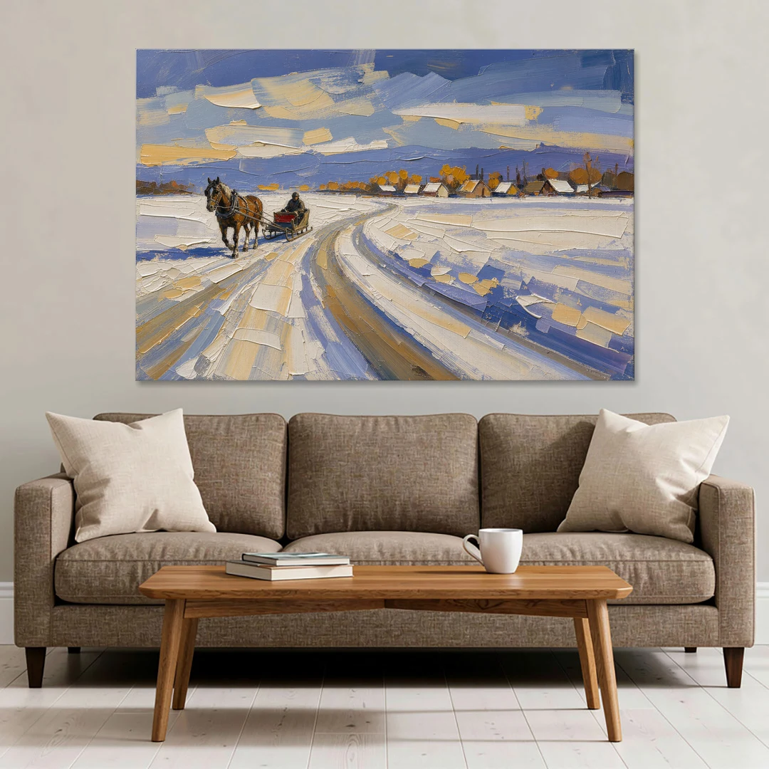 Horse Drawn Sleigh Painting Toward the Village - Canvas Wall Art - Sofa - 60x40