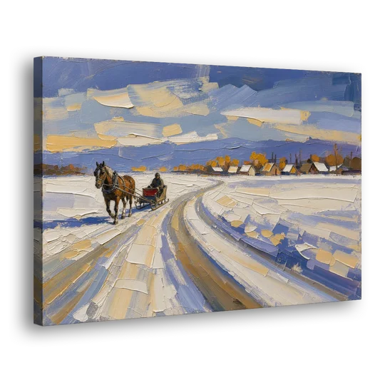 Horse Drawn Sleigh Painting Toward the Village - Canvas Wall Art - Side
