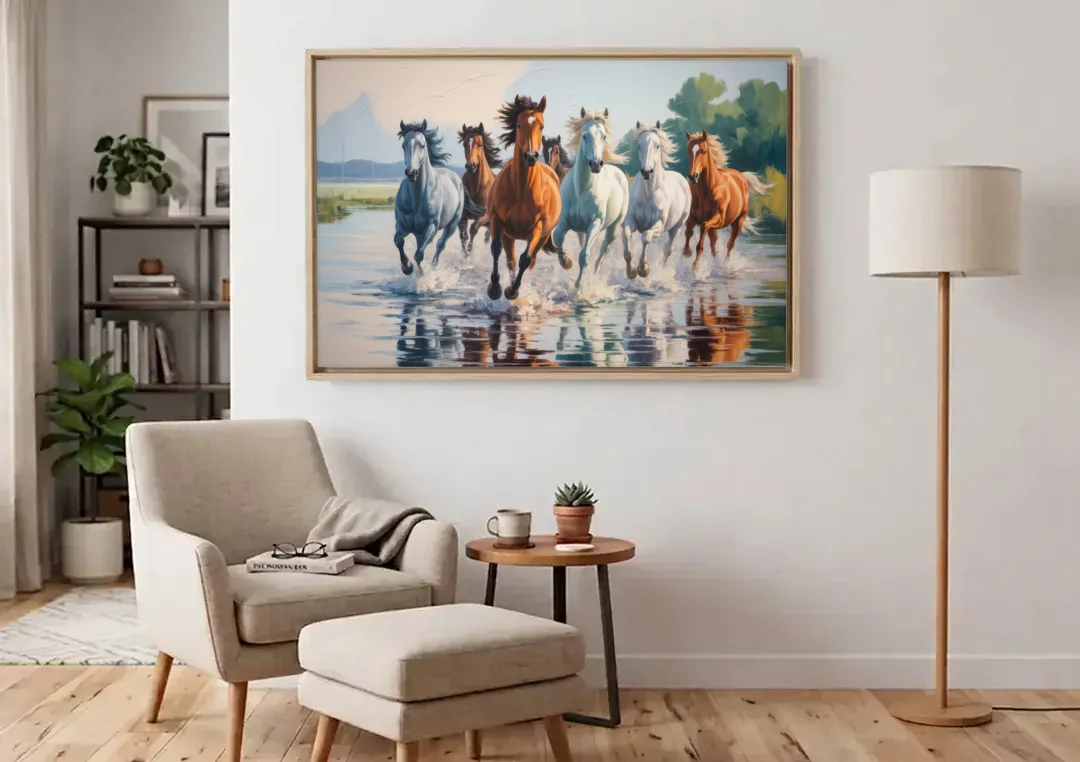 Horse Harmony in Nature canvas wall art above an armchair in a bright living room