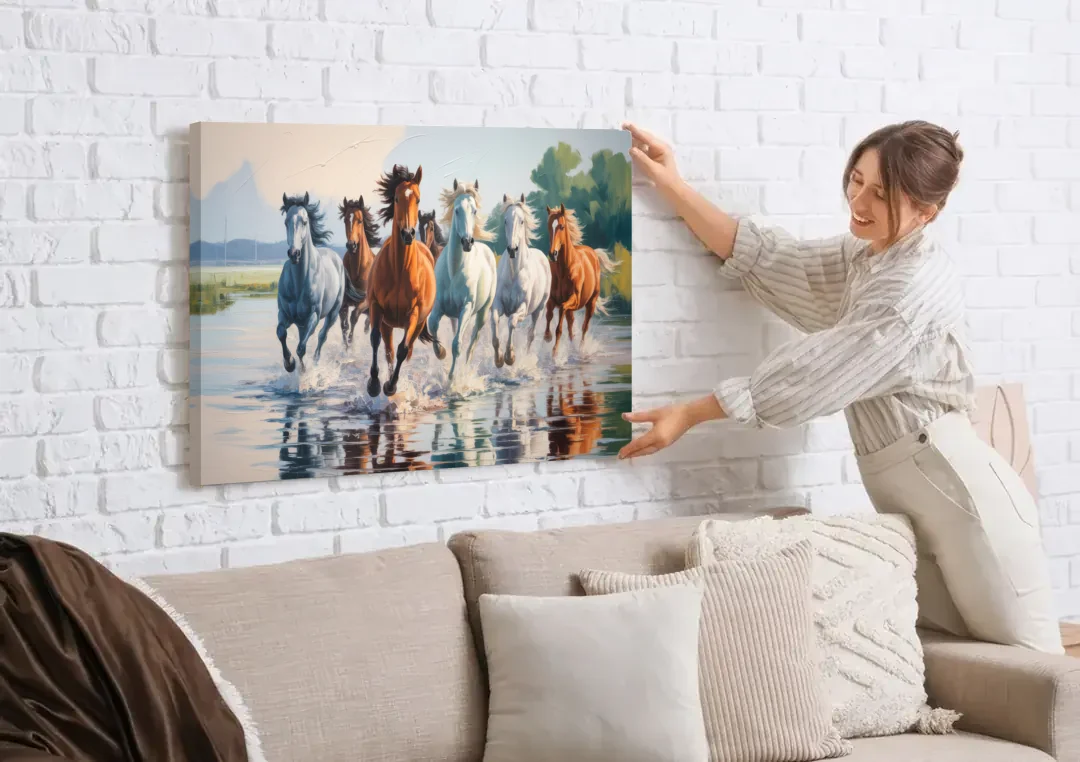 Horse Harmony in Nature canvas wall art being hung on a white brick wall above a sofa
