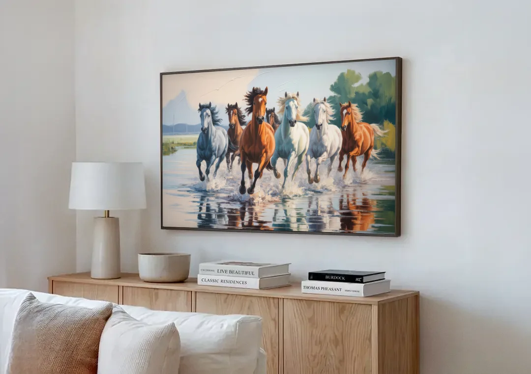 Horse Harmony in Nature canvas wall art above a wooden sideboard next to a sofa