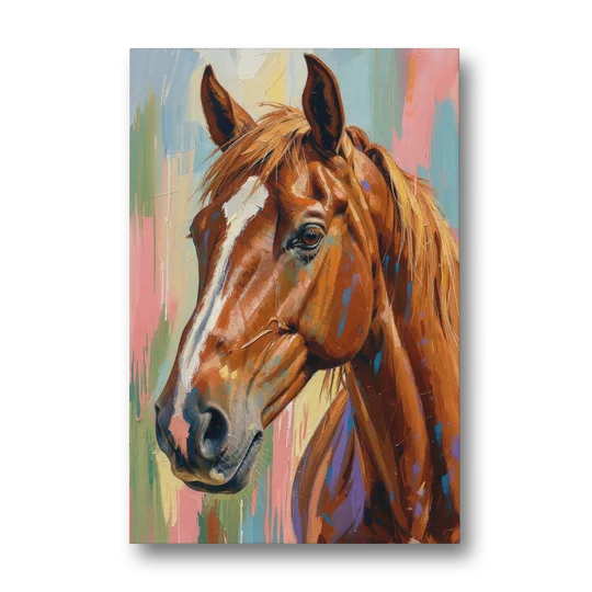 Horse Head Painting of a Chestnut in Pastel Streaks - Canvas Wall Art - Front