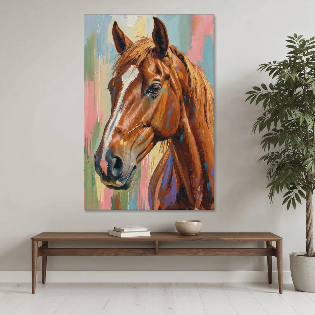 Horse Head Painting of a Chestnut in Pastel Streaks - Canvas Wall Art - Coffee Table - 40x60