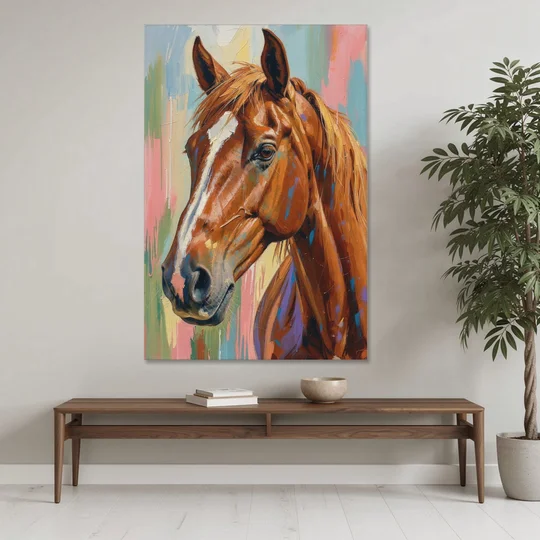Horse Head Painting of a Chestnut in Pastel Streaks - Canvas Wall Art - Coffee Table - 40x60