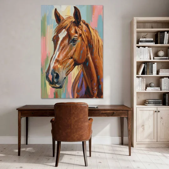 Horse Head Painting of a Chestnut in Pastel Streaks - Canvas Wall Art - Office - 40x60