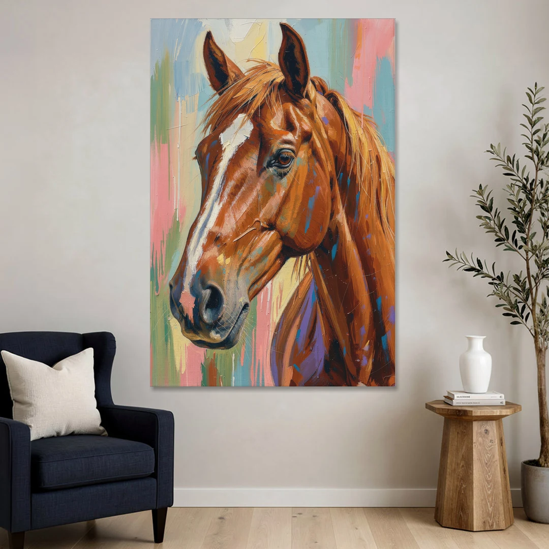 Horse Head Painting of a Chestnut in Pastel Streaks - Canvas Wall Art - Sofa - 40x60